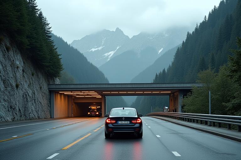 Ein Auto an einer Mautstelle vor einem Alpentunnel in der Schweiz.